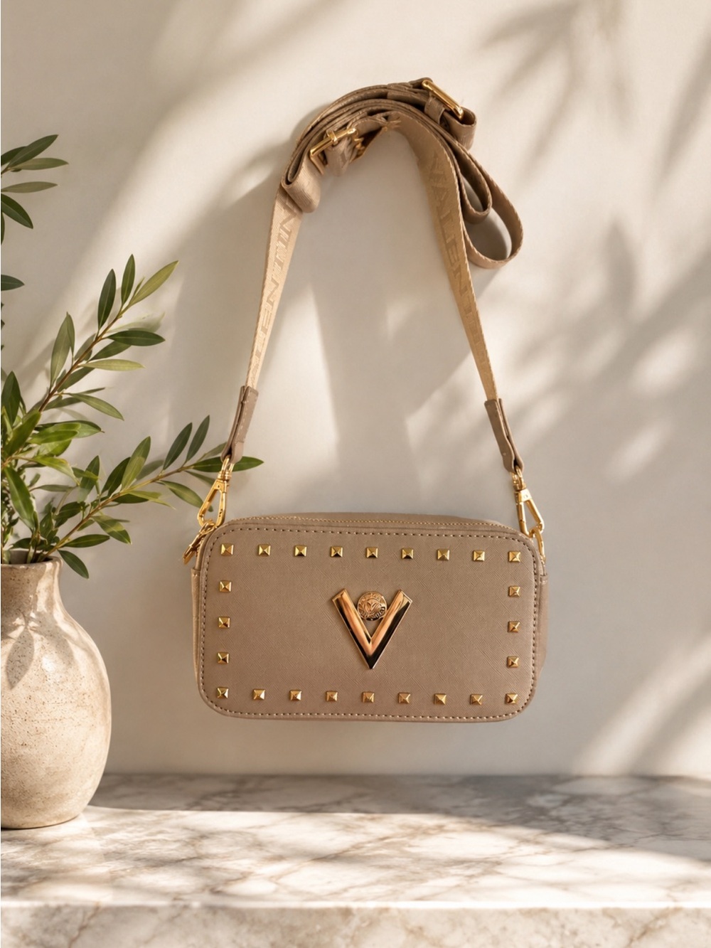 Valentino Orlandi Taupe Studded Camera Crossbody Bag NWT $159